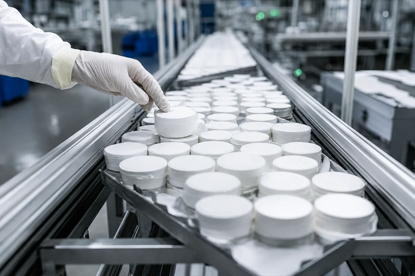 Gloved hand inspecting white child-resistant nicotine pouch cans on a MANKE factory production line
