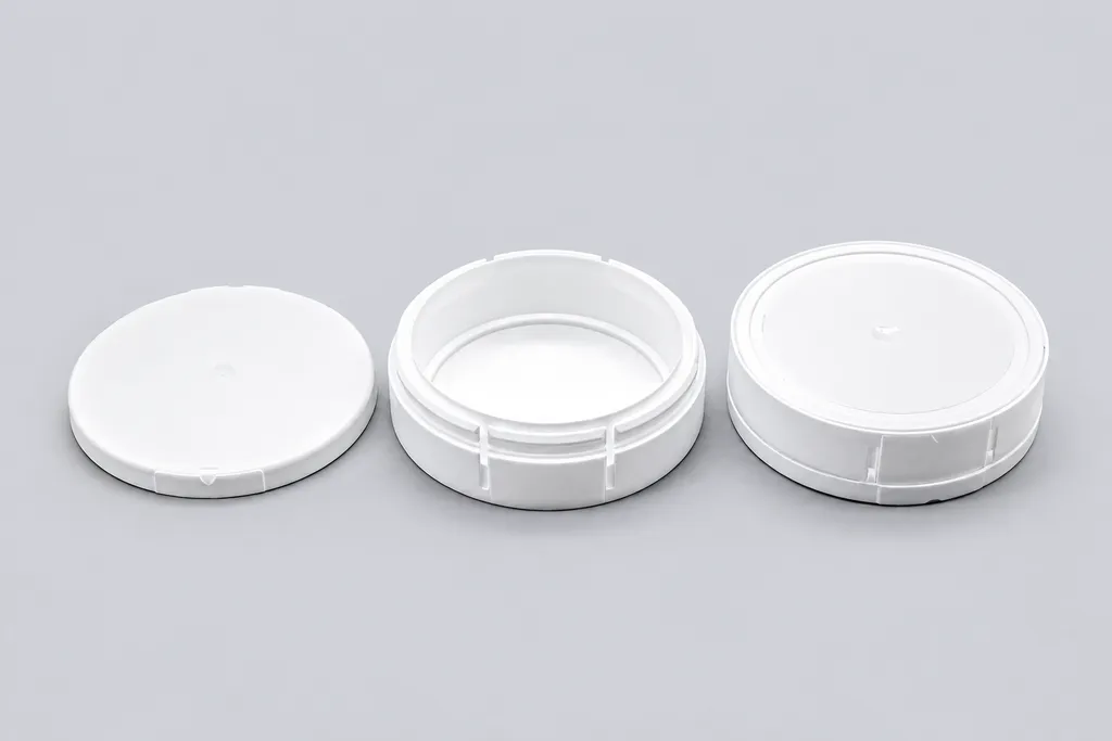 Three white child-resistant snus cans in a row: lid removed, open base, and closed