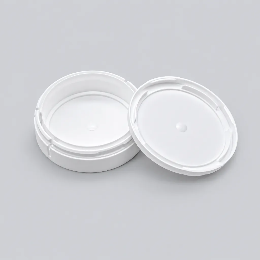 A white child-resistant nicotine pouch can with the push-and-turn lid open, showing the closure structure