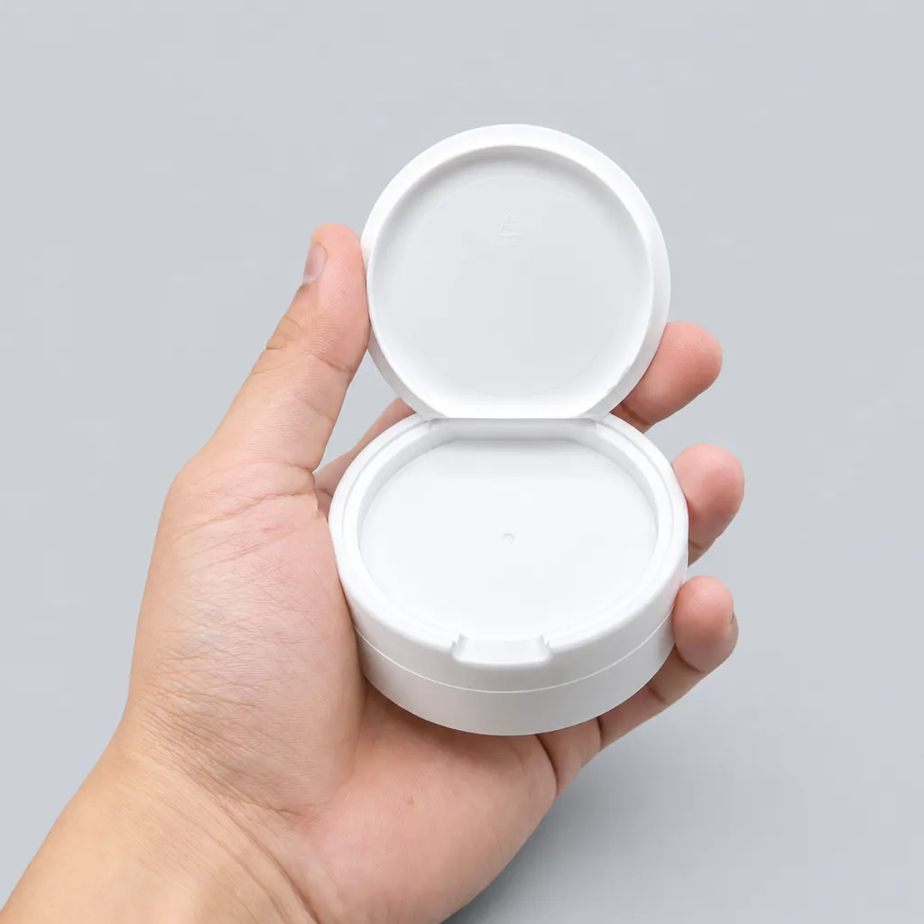 White flip-top snus can flipped open in one hand, hinge and interior visible