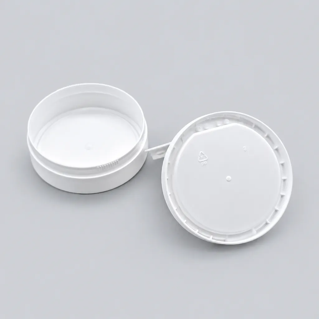 White flip-top snus can base and hinged lid separated, hinge strap visible