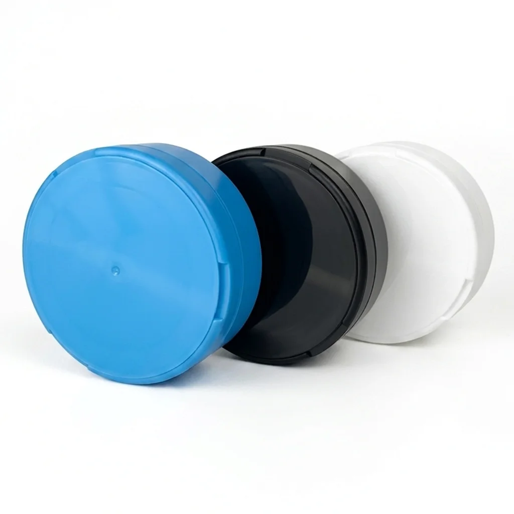 White, black, and blue PP plastic snus cans — recyclable snus cans made from polypropylene