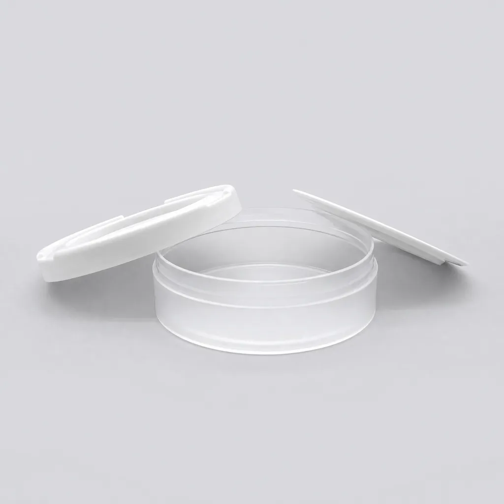 Clear transparent snus can body with two white snap-on lids, studio shot