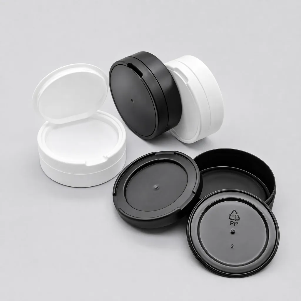 A white snap-on-lid snus can, closed top view with PP recycling mark