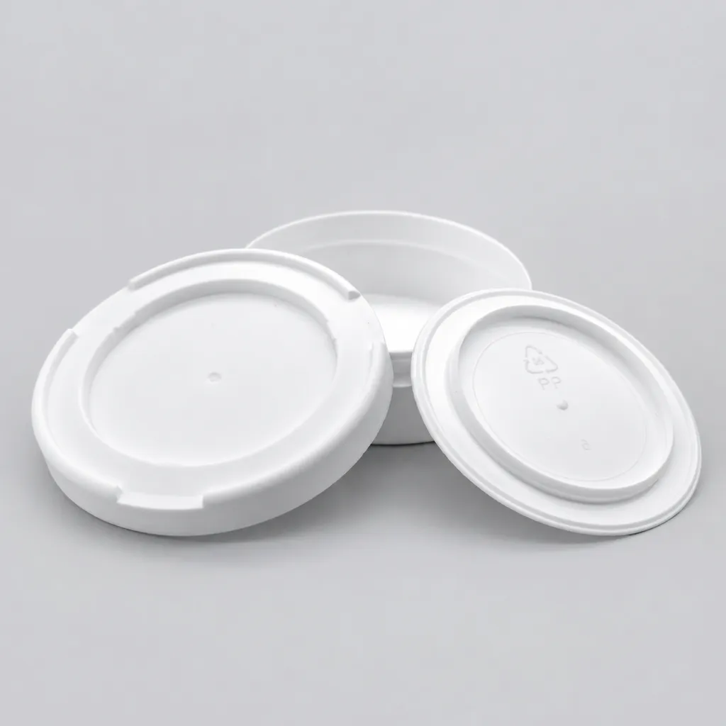 White snap-on snus can lids, one showing the PP recycling mark