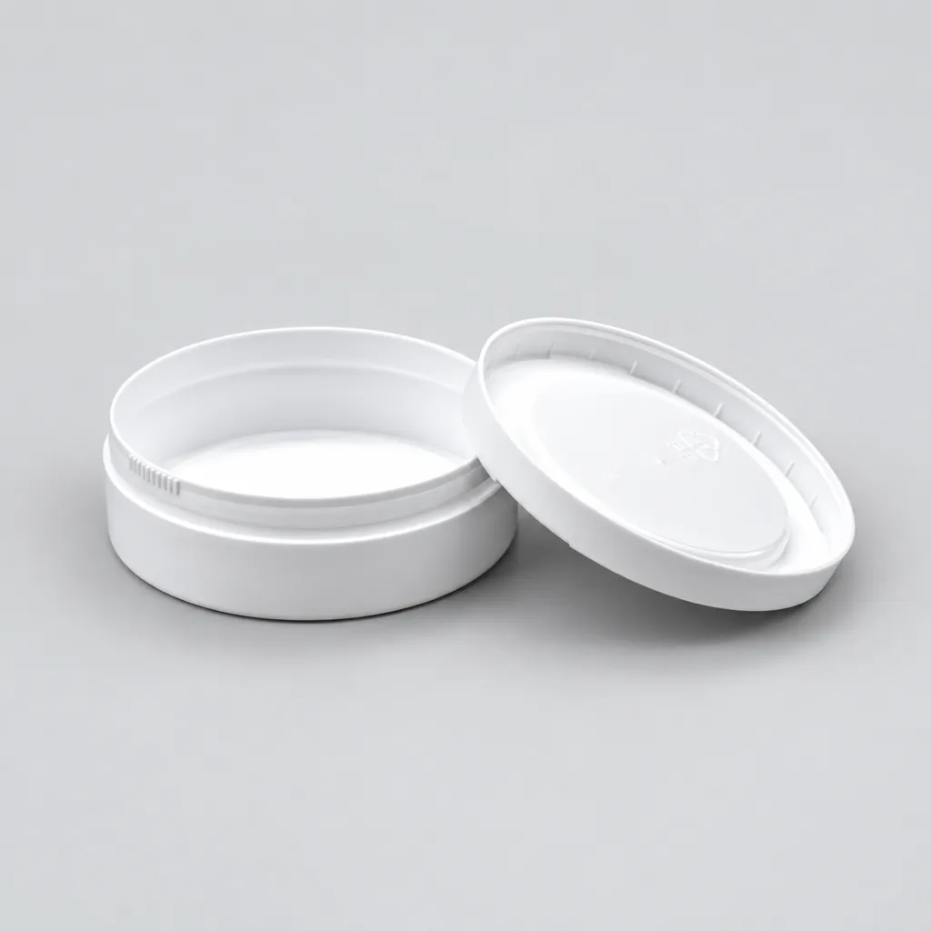 White snap-on-lid snus can with lid leaning against the base