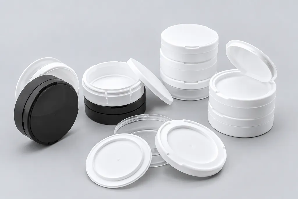Empty snus cans in the standard Ø70 × 25 mm format, shown open and closed — the reference point for custom snus can dimensions decisions